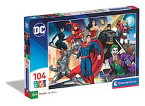 Clementoni- Puzzle Superheroes DC Comics 104pzs Does Not Apply Supercolor Justice League-104 pièces, 6 Ans Enfant Dessin animé, Super héros-fabriqué en Italie, 25722, Multicolore, Medium