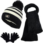 JFAN Cagoule Bébé Fille Garçon Mignon Bonnet Echarpe Gant Hiver Ensemble Set de 3 Pièces Enfant Ensemble Chapeau Hiver Bonnet Tricoté Enfant Chenille 1-5 ans,Noir