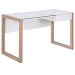 HOMCOM Bureau Informatique Table de Travail Ordinateur avec Grand Plateau en Verre Trempé et Tiroir Intégré Idéal pour Bureau Chambre 120 x 60 x 75 cm Blanc et Bois