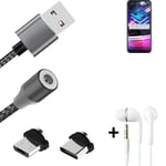 Magnetic charging cable + earphones for Motorola Moto G Fast + USB type C a. Mic