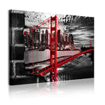 DekoArte 334 - Impression Sur Toile Moderne D'Images Artistiques Numérisées | Toile Décorative Pour Votre Salon Ou Votre Chambre | Style Villes USA Golden Gate Blanc Noir Rouge | 1 Pièce 120 x 80 cm