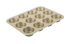 PRESTIGE Nadiya Moule à muffins pour 12 muffins – Moule à muffins antiadhésif, passe au lave-vaisselle, au four et au réfrigérateur/congélateur, ustensiles de cuisson en acier, bleu sarcelle et doré