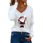 Jul Kvinnor Santa Claus brev printed V-ringad T-shirt Casual långärmad tunika Toppar Blus White L