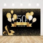 Joyeux 50e Anniversaire Toile de Fond Noir et Or Anniversaire Photo Fond 7x5ft Paillettes Ballons Haut Talon 50e Anniversaire fête Toile de Fond Femmes 50 Ans Anniversaire Dos Gouttes Cinquante