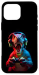 Coque pour iPhone 16 Pro Max Gaming Dinosaurs- Le T-rex joue aux jeux vidéo