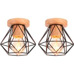 Axhup - Lot de 2 Plafonnier Vintage Rétro E27 Lampe de Plafond Cage Diamant en Bois et Fer Noir