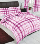 DOUBLE BED DUVET COVER SET TARTAN CHECKED RED LILAC PURPLE WHITE BEDDING