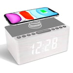 ANJANK Wireless Charging Alarm Clock,Bedside Wooden FM Radio,10W Super Fast Charger Station for Iphone/Samsung/Other Smart phone,USB Port,Mains Powered,5 Level Digital Dimmable Led Display