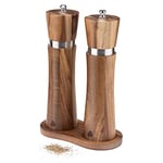 Navaris Salt and Pepper Grinder Set - Wooden Grinders with Tray Holder - Acacia Wood Mills for Table - 21.3 cm (8.4") Mill Set with Adjustable Ceramic Grinders