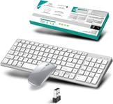 Ensembles Clavier Souris Sans Fil 2.4Ghz & Bluetooth,Clavier Et Souris Sans Fil Avec Batteries Rechargeable,Clavier Ultra-Fin Avec Pavé Numérique Pour Pc/Laptop/Mac,Qwerty, Souris Silencieuse,Argent