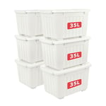 Cetomo 35L*6 Plastic Storage Box,White, Tote box,Organizing Container with Durable Lid and Secure Latching Buckles, Stackable and Nestable, 6Pack, with Buckle