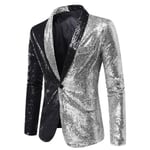 Sequin Glitter Blazer för män One Button Peak Collar Tuxedo Jacka black and silver M