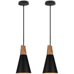 Stoex - 2X Suspension Luminaire Moderne Noire, Abat-Jour En Métal Et Bois, Suspension Lustre Nordique Rétro, Ampoule Non Incluse