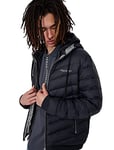 A|X ARMANI EXCHANGE Men's Hooded Quilted Down Milano/New York Logo Zip-up Jacket, Navy/Melange Grey, M