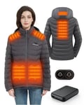 HEWINZE Veste chauffante pour Femme avec Capuche, Doudoune Chaude pour Femme avec Batterie 7,4 V, Veste d'hiver à Double Commande pour randonnée en Plein air Chasse Moto Camping