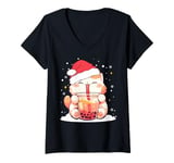 Womens Cute Cat Boba Milk Bubble tea Christmas Santa Hat Funny Xmas V-Neck T-Shirt