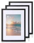 Cispree A3 Photo Frame-3 Pack, A3 Wooden Picture Frames with Mount for A4 Print for Wall, with Acrylic Clear Glass, Fit Large Poster/Documents Frame for Family/Christmas (29.7x42 cm)-Black