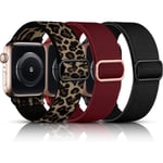 Stretchiga nylonband för Apple Watch, kompatibla med 38mm/40mm/41mm (Svart/Vin/Leopard)