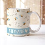 Personalised Coffee Tea Mug BEE HAPPY Name Heart Girls Ladies Yellow Decor Gift