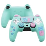 playvital Cute Bear Controller Silicone Case for ps5, Controller Cover Compatible with Charging Station, Gamepad Skin Protector for ps5 with Touch Pad Sticker & Thumb Grips - Green & Green & Pink