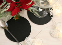 Set of 6 Classic Black Bonded Leather Round Circle Coasters - Made in UK