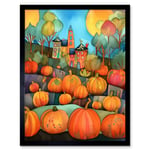 Farm House Halloween Pumpkin Patch Modern Folk Art Watercolour Painting Art Print Framed Poster Wall Decor 12x16 inch