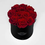 A 100% Real Roses That Last Years - Eternal Petals, Handmade in UK, Flowers Delivery Next Day Prime UK – Bouquet, Round Black Flower Box (Deep Red)