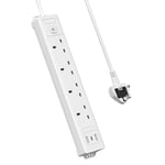 Mscien 4 Way 5m Extension Lead with 3 USB Slots (1 USB C), Plug Extender with 5 Metre Extension Cable Cords, Long Plug Extension Lead Wall Mount, 4 Gang Power Strip with Switch Multiplug Socket