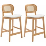 Tabouret de Bar Lot de 2 Chaise de Bar en Bois avec Coussin Chaise Bar Rotin pour Cuisine et Restaurant, Blanc