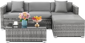 TLGREEN 5PCS Garden Sofas Rattan Corner Furniture Set All-Weather PE Rattan Wicker Patio Conversation Set with Modern Glass Coffee Table and Gray Washable Cushions