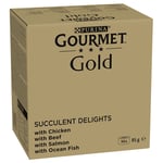 96 x 85 g Gourmet Gold -jumbopakkaus: 76 + 20 kaupan päälle! - meheviä ja hienoja suikaleita (kana, merikala, nauta, lohi)