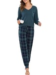 Vlazom Pyjama Femme Hiver Ensembles de Pyjama à Manche Longue Col en V Vêtements de Nuit à Carreaux Chaud Long，A-Vert Grisâtre，S