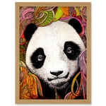 Cute Panda In Bright Colourful Pattern Jungle Leaves Illustration Artwork Framed Wall Art Print A4