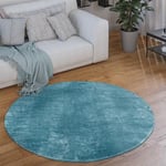 Paco Home Tapis Rond Salon Tapis Poil Ras Moderne Moelleux Lavable Monochrome, Dimension:160 cm Rond, Couleur:Turquoise