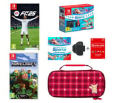 Nintendo Switch Neon Red & Blue, Sports, Mario Kart 8 Deluxe, Minecraft, 12 Month Membership & Pikachu Case Bundle, Red,Blue