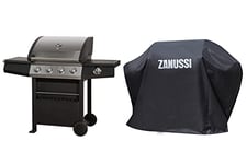 Zanussi ZGBBQ4B01-C 4 Burner Gas Barbecue with BBQ Cover, Automatic Ignition & Integrated Thermometer, Black & Stainless Steel, Gas BBQ, 2 Wheels Fitted Rack with 1 Side Shelf