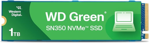 WD Green SN350 1 To M.2 NVMe SSD, possédant une vitesse de lecture de 3 200 Mo/s et une vitesse d'écriture de 2 500 Mo/s