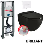 Pack Complet wc Sans Bride Bati Autoportant + Cuvette Noir Brillant sans bride + Plaque Blanche design