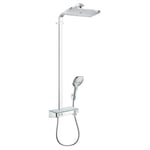 hansgrohe Raindance E - Colonne de douche avec mitigeur thermostatique, douche pluie (360 x 190 mm) avec robinet, douchette, support, flexible, barre et douche de tête carrée, Blanc/chromé, 27288400