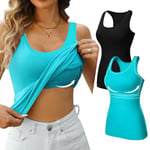 V FOR CITY Ladies Cotton Tank Tops Stretchy Shelf Bra Undershirt Racerback Soft Camisole Vest Top 2 Pack Black/Aqua S