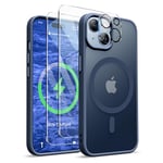 ORETECH Coque Magnétique pour iPhone 15, Translucide Mat Arrière Coque pour iPhone 15 avec 2 Verre Trempé et 1 Caméra Protecteur,Coque Antichoc pour iPhone 15 Compatible Mag-Safe 6.1" Bleu Marine