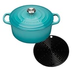 Le Creuset Signature Cast Iron Round Casserole, 26 cm - Teal with Cooling Tool