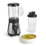 Moulinex Blender mixeur électrique, Puissance 300 W, Gourde plastique 750 ml, 4 lames amovibles, Finitions acier inoxydable, Smoothies frais et sains LM1B1D10, Noir