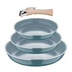 BERGNER CLICK&COOK - Set 4 Poêles à frire (18+20+24 cm) avec manche amovible - Aluminium pressé recyclé - Revêtement PPG Fusion - Compatible induction - Vert