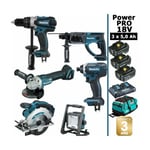 Makita - Pack Power pro 6 outils 18V: DDF458 + DHR202 + DGA504 + DTD152 + DSS610 + Projecteur + 3 batt 5Ah + sac