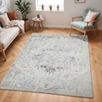 Livabliss Tampa Tapis Vintage - Tapis de Salon, Salle à Manger, Chambre, Cuisine - Tapis Boheme Chic, Design Traditionnel Oriental Multicolore, Tapis Coloré Poil Court 200x274cm - Ivoire, Bleu, Gris