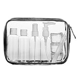 LUZWAY Trousse de Toilette Transparente + 8 Bouteilles Vide de Voyage pour Liquides (Max.100ml), Kit de Voyage pour l’Avion, Set de Voyage dans Bagages à Main, Sac Cosmétiques