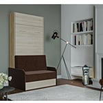 Armoire lit escamotable DYNAMO SOFA chêne canapé accoudoirs tissu marron 90*200 cm