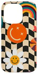 Coque pour iPhone 14 Pro Aesthetic Checker Retro Groovy Flowers in Cream Peach colors