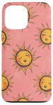 Coque pour iPhone 13 Pro Max Coque de style bohème avec motif soleil souriant et fond rose